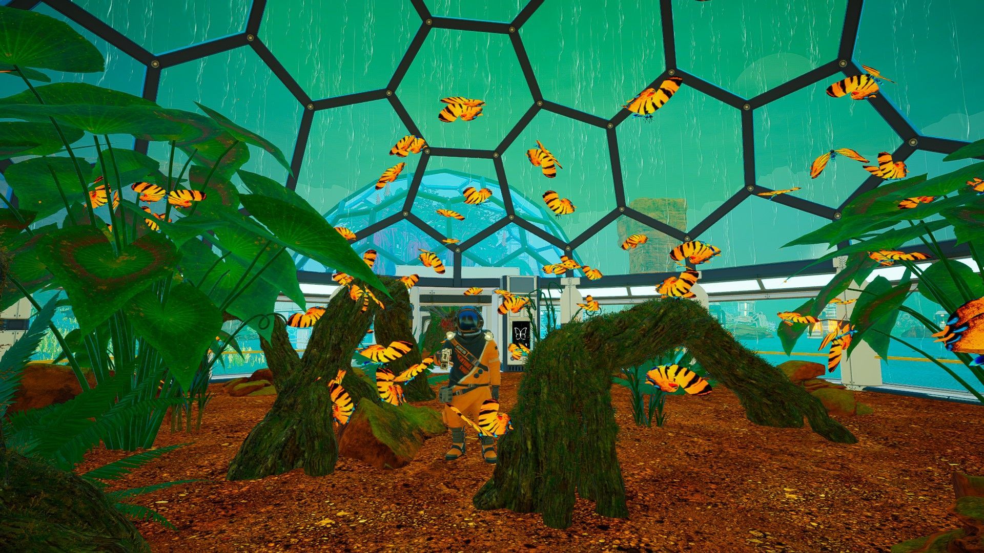 Picture of our butterfly dome in Planet Crafter. The butterflies are orange/yellow. It rains outside. My partner is posing for the camera.