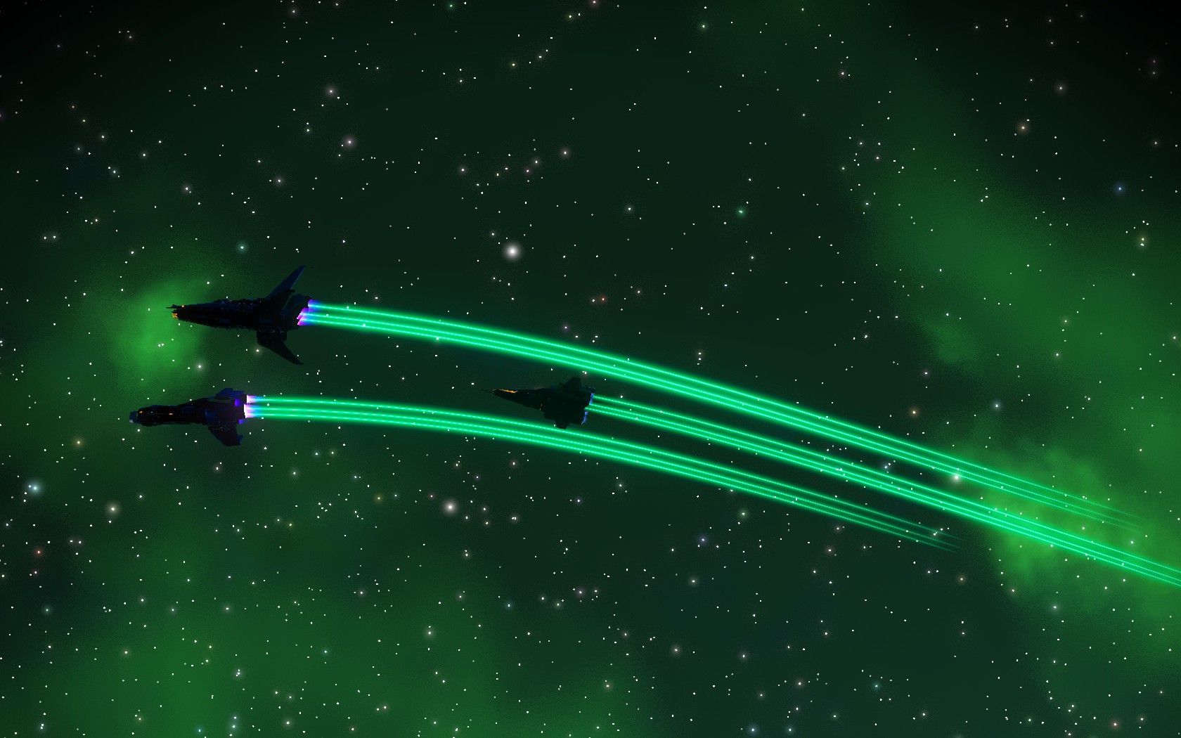 Picture of starships in the game No Man's Sky. Green sky.