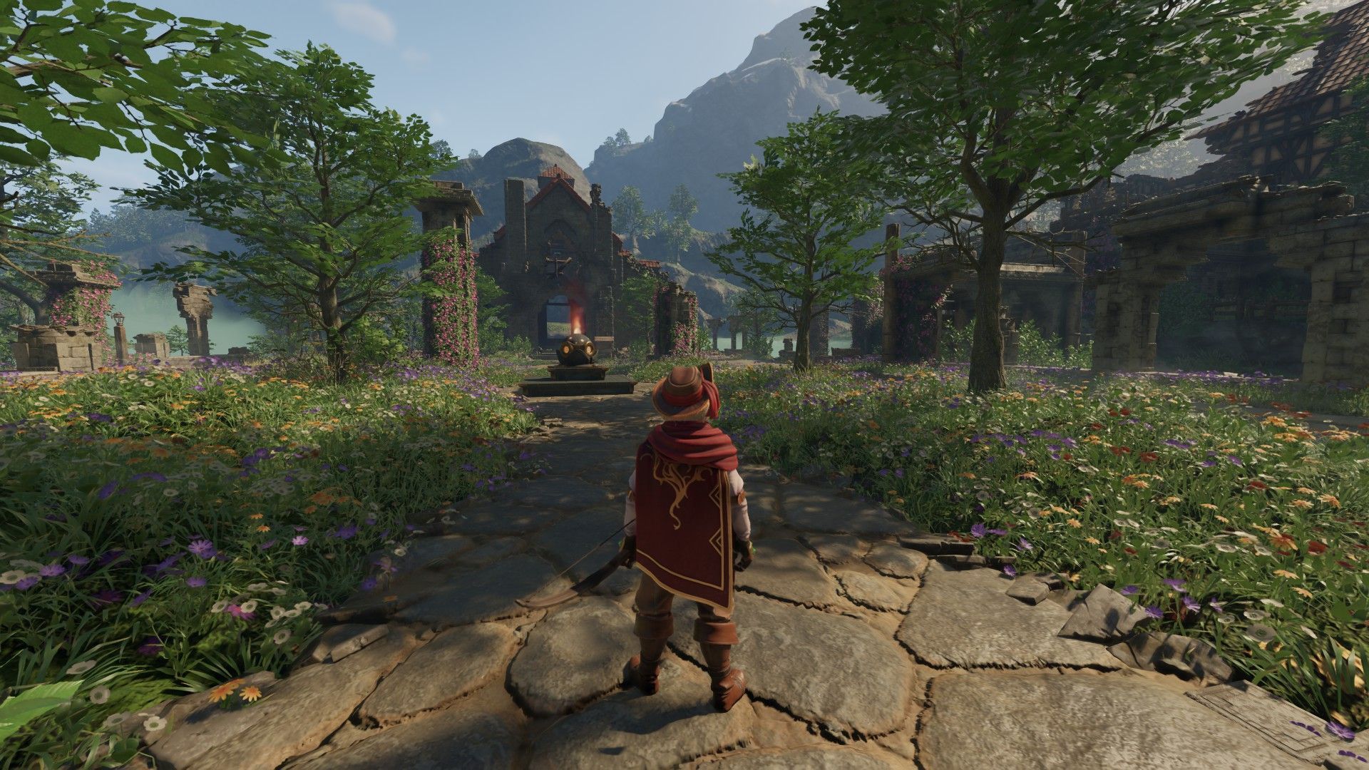 My character dressed like a musketeer in a garden full of flowers. A church and house in ruins can be seen in the distance.